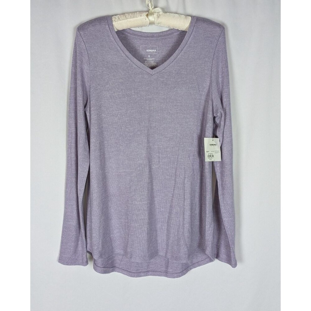 Sonoma Size S Light Purple Heathered Soft Long Sleeve V-Neck Top Curved Hem New